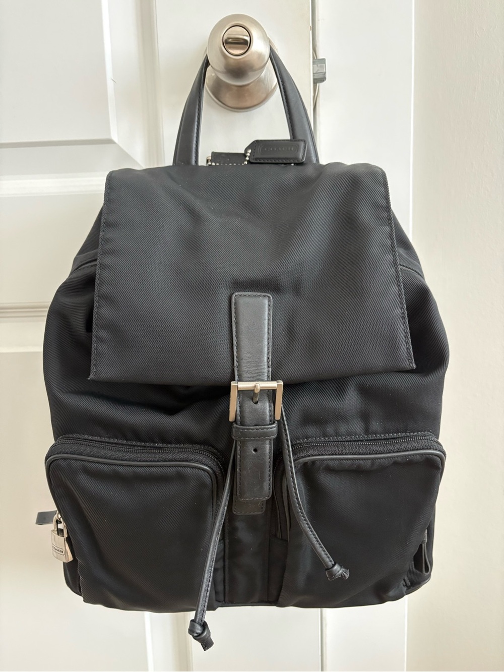 Coach Y2K Black Nylon Drawstring Backpack with Front Zip Pockets